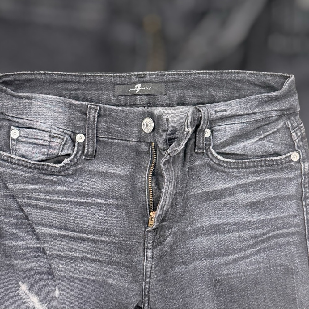 7 for All Mankind Jeans Women's 27 Black Stonewash Distressed Mid Rise Stretch - Picture 2 of 9